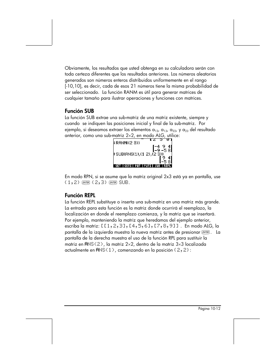 Funcion sub, Funcion repl, Función sub | Función repl | HP 48gII Graphing Calculator User Manual | Page 319 / 892