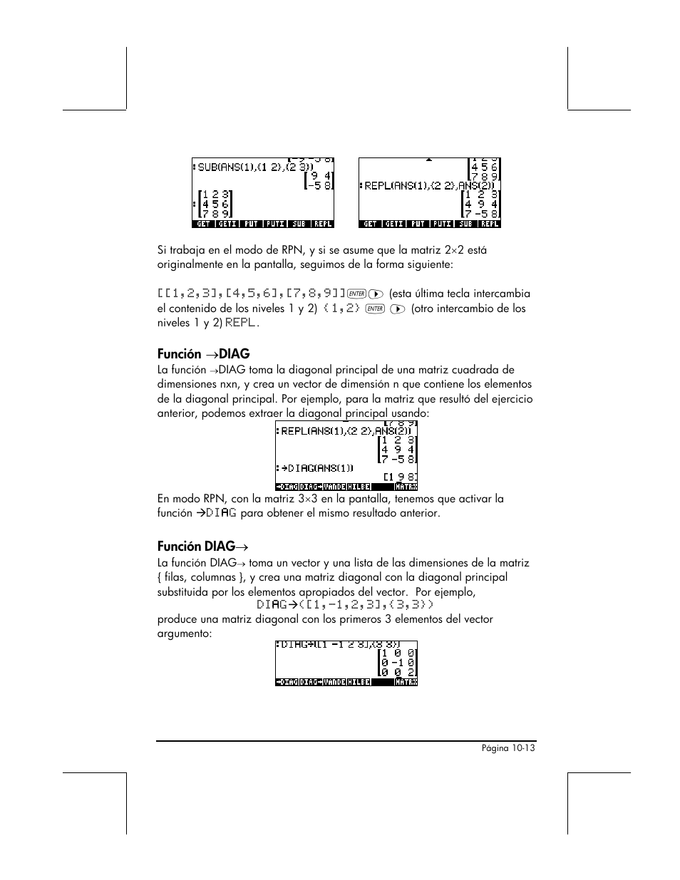 Funcion →diag, Funcion diag | HP 48gII Graphing Calculator User Manual | Page 320 / 892