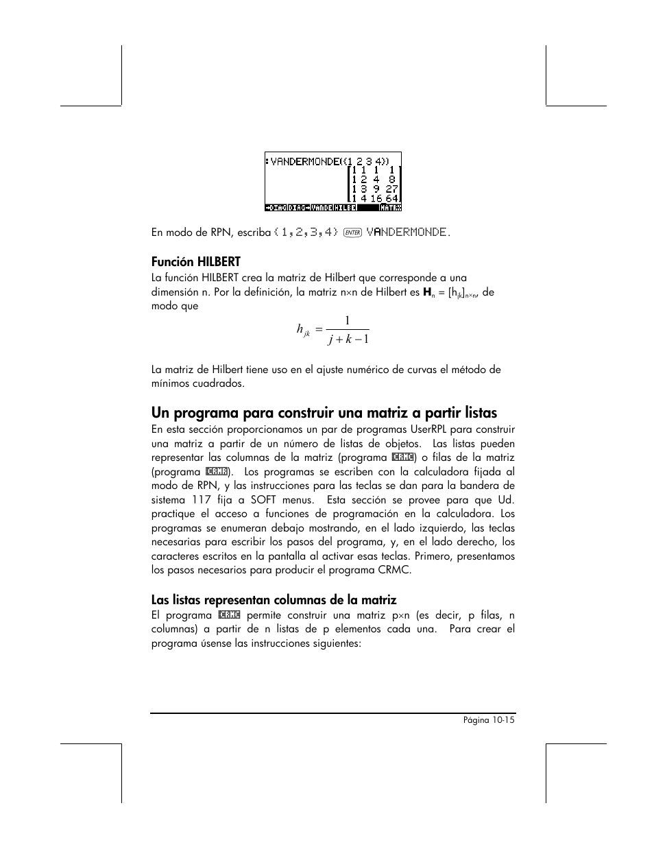 Funcion hilbert, Las listas representan columnas de la matriz | HP 48gII Graphing Calculator User Manual | Page 322 / 892