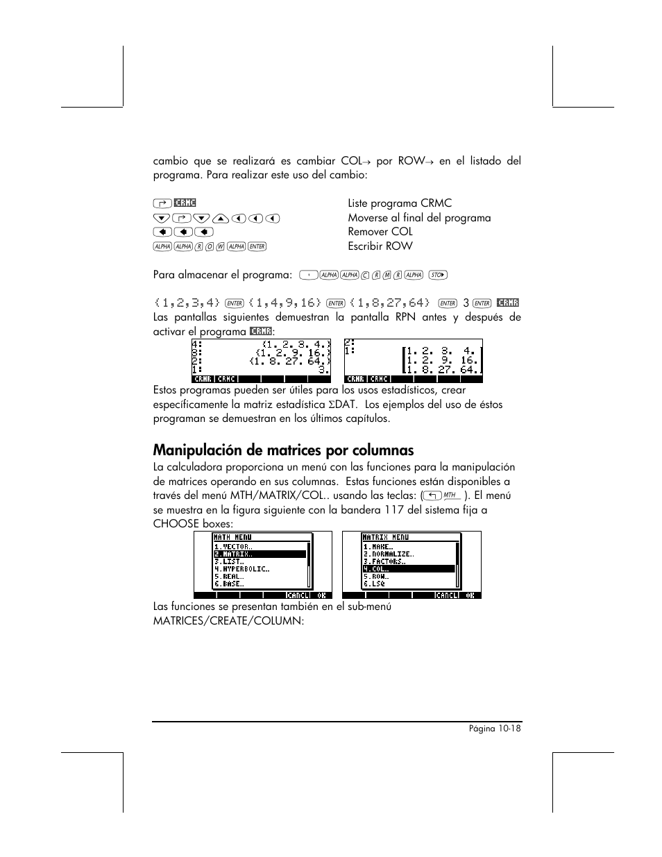 Manipulacion de matrices por columnas, Manipulación de matrices por columnas | HP 48gII Graphing Calculator User Manual | Page 325 / 892