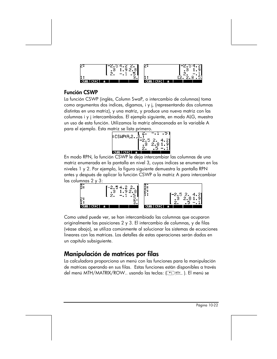 Funcion cswp, Manipulacion de matrices por filas, Manipulación de matrices por filas | HP 48gII Graphing Calculator User Manual | Page 329 / 892