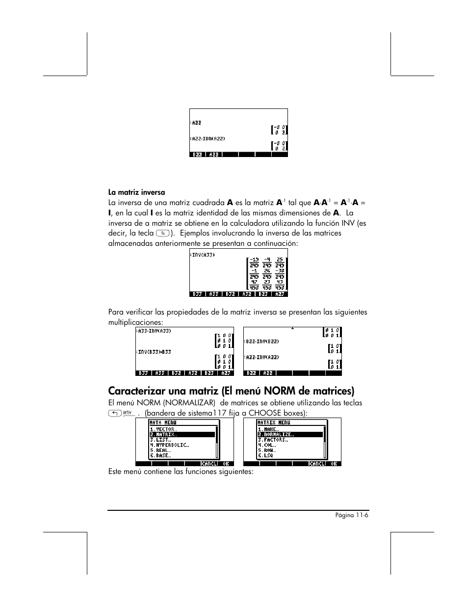 Caracterizar una matriz (el menu norm de matrices), Caracterizar una matriz (el menú norm de matrices) | HP 48gII Graphing Calculator User Manual | Page 341 / 892