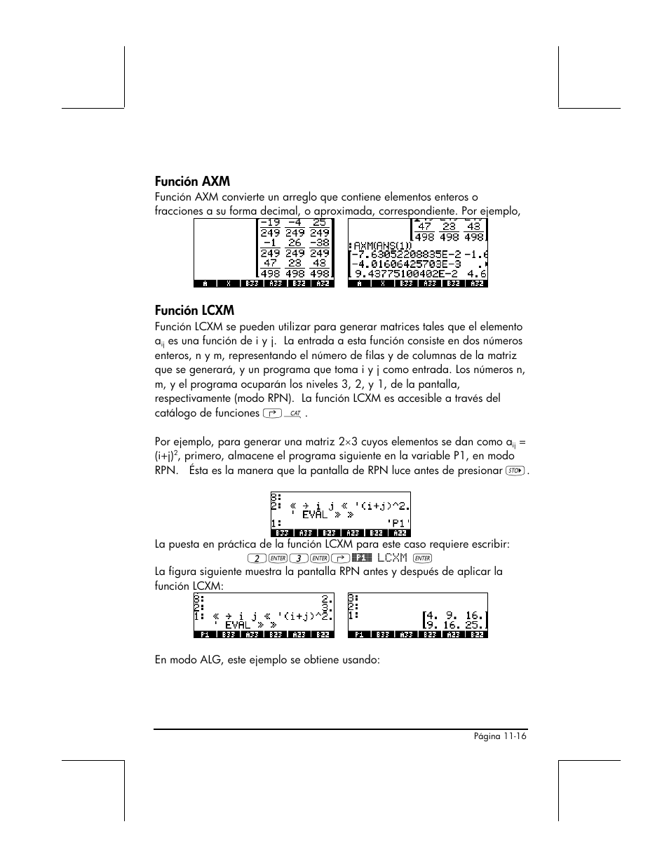 Funcion axm, Funcion lcxm, Función axm | Función lcxm | HP 48gII Graphing Calculator User Manual | Page 351 / 892