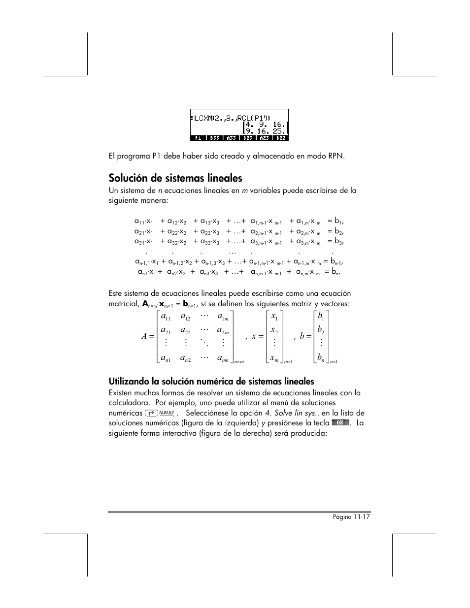 Solucion de sistemas lineales, Solución de sistemas lineales | HP 48gII Graphing Calculator User Manual | Page 352 / 892