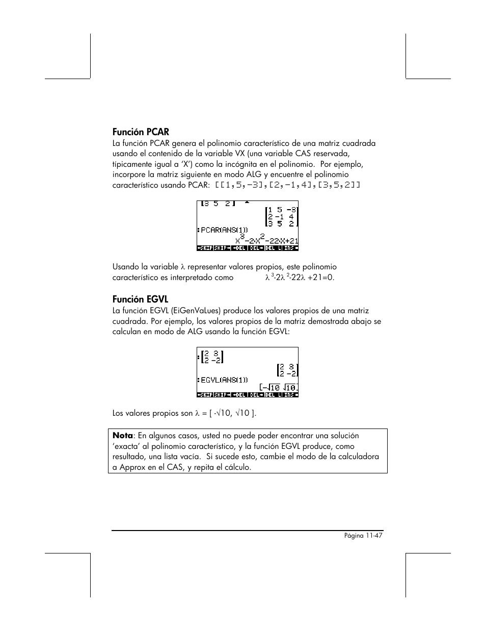 Funcion pcar, Funcion egvl | HP 48gII Graphing Calculator User Manual | Page 382 / 892