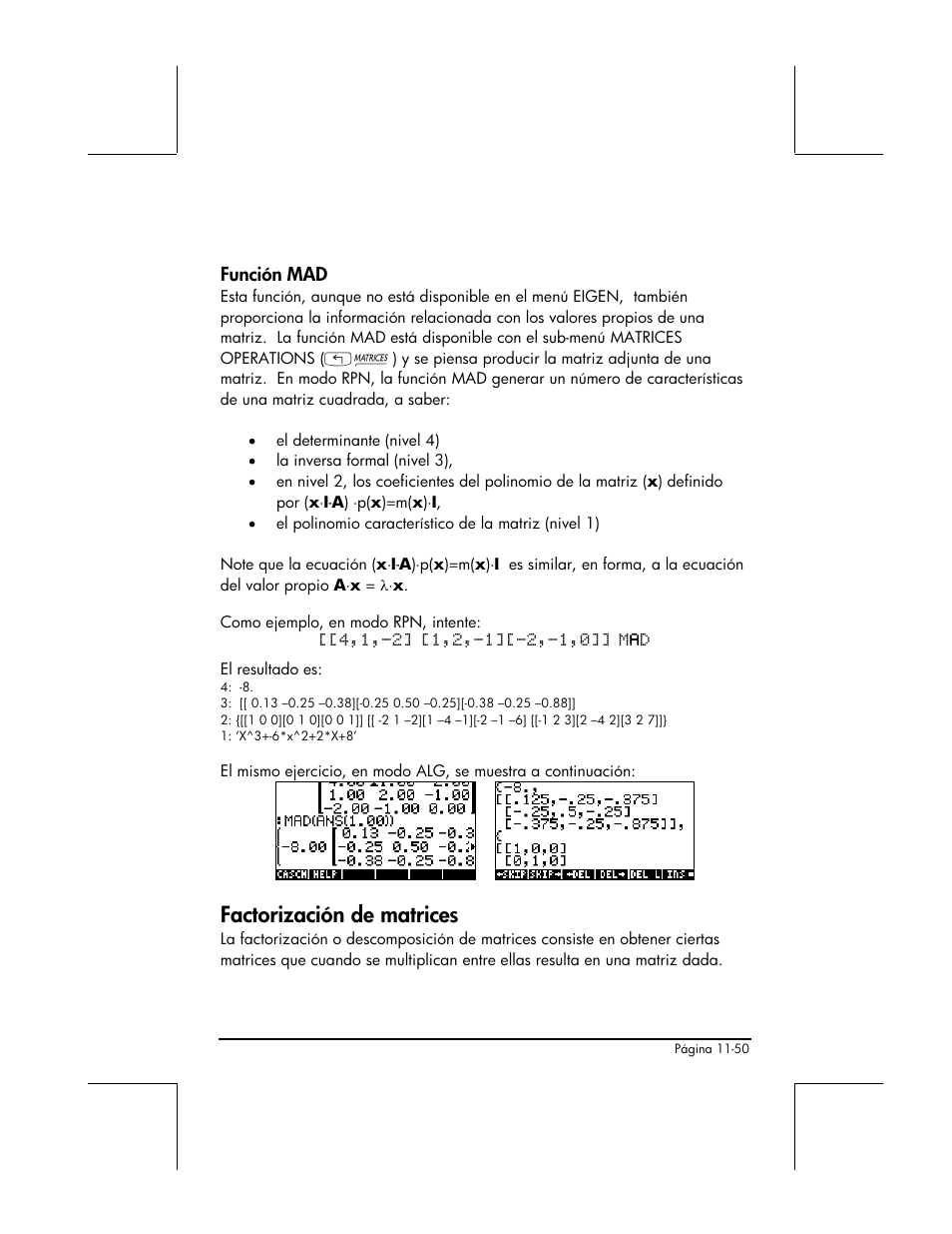 Funcion mad, Factorizacion de matrices, Factorización de matrices | Función mad | HP 48gII Graphing Calculator User Manual | Page 385 / 892