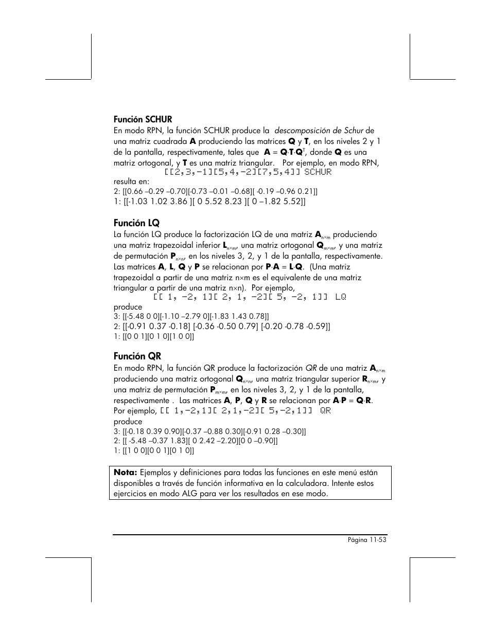 Funcion schur, Funcion lq, Funcion qr | Función lq, Función qr, Función schur | HP 48gII Graphing Calculator User Manual | Page 388 / 892