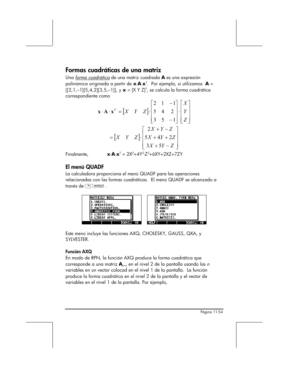 Formas cuadraticas de una matriz, El menu quadf, Formas cuadráticas de una matriz | HP 48gII Graphing Calculator User Manual | Page 389 / 892