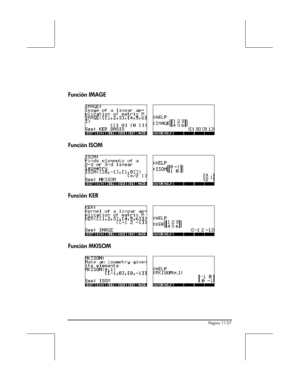 Funcion image, Funcion isom, Funcion ker | Funcion mkisom | HP 48gII Graphing Calculator User Manual | Page 392 / 892