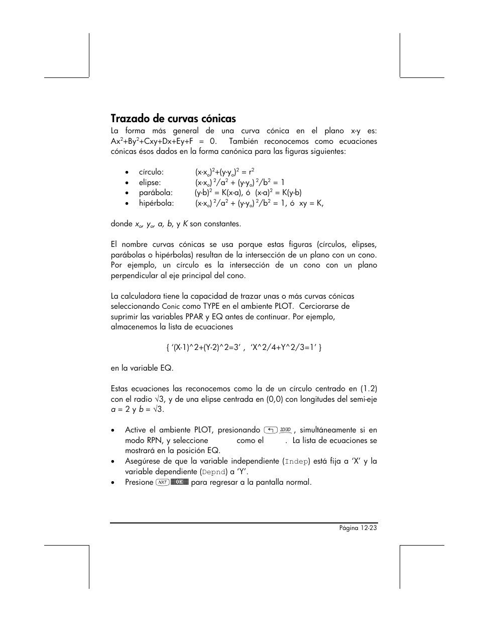 Trazado de curvas conicas, Trazado de curvas cónicas | HP 48gII Graphing Calculator User Manual | Page 415 / 892