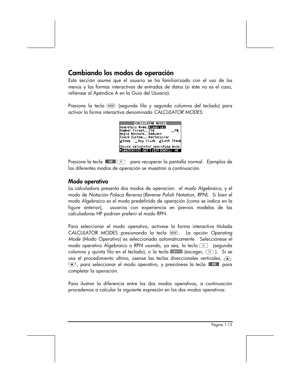 Cambiando los modos de operacion, Modo operativo, Cambiando los modos de operación | HP 48gII Graphing Calculator User Manual | Page 42 / 892