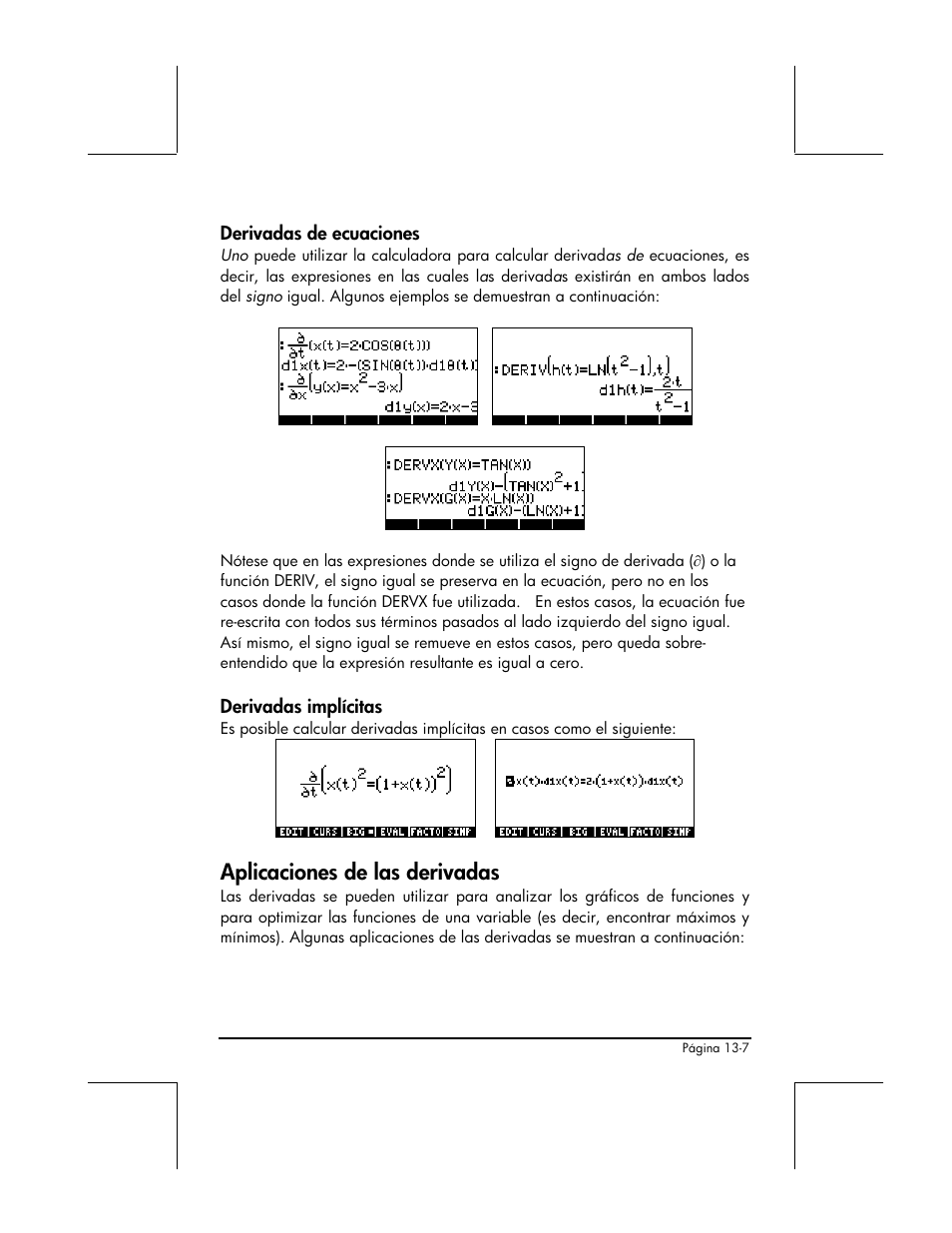 Derivadas de ecuaciones, Derivadas implicitas, Aplicaciones de las derivadas | HP 48gII Graphing Calculator User Manual | Page 458 / 892