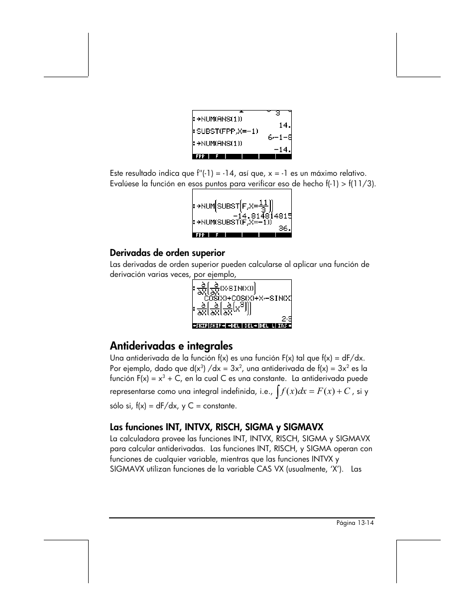 Derivadas de orden superior, Antiderivadas e integrales, Las funciones int, intvx, risch, sigma y sigmavx | HP 48gII Graphing Calculator User Manual | Page 465 / 892