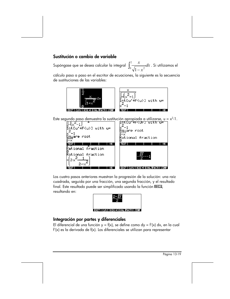 Sustitucion o cambio de variable, Integracion por partes y diferenciales | HP 48gII Graphing Calculator User Manual | Page 470 / 892