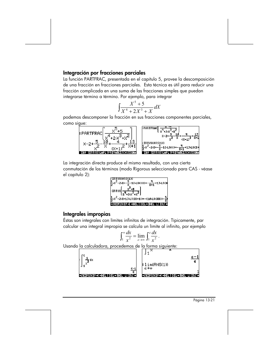 Integracion por fracciones parciales, Integrales impropias | HP 48gII Graphing Calculator User Manual | Page 472 / 892