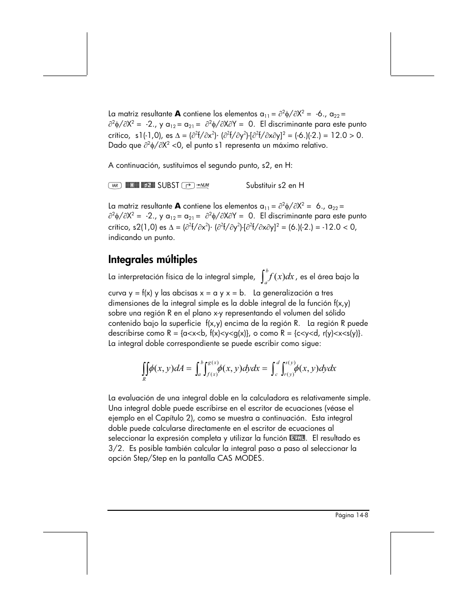 Integrales multiples, Integrales múltiples, Dx x f ) | Dydx y x dydx y x da y x, Φ φ φ | HP 48gII Graphing Calculator User Manual | Page 485 / 892