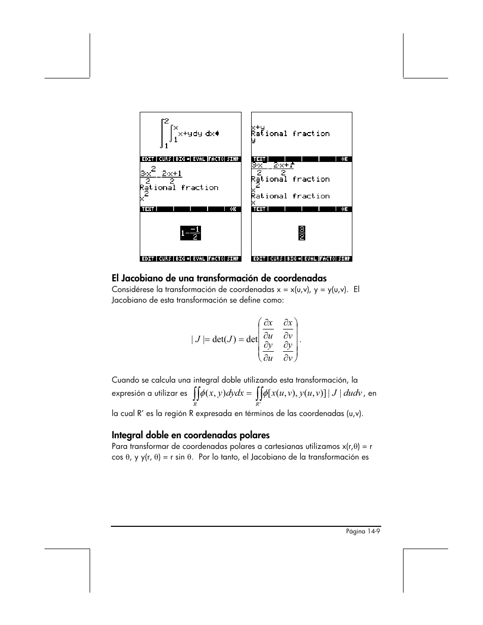 El jacobiano de una transformacion de coordenadas, Integral doble en coordenadas polares | HP 48gII Graphing Calculator User Manual | Page 486 / 892