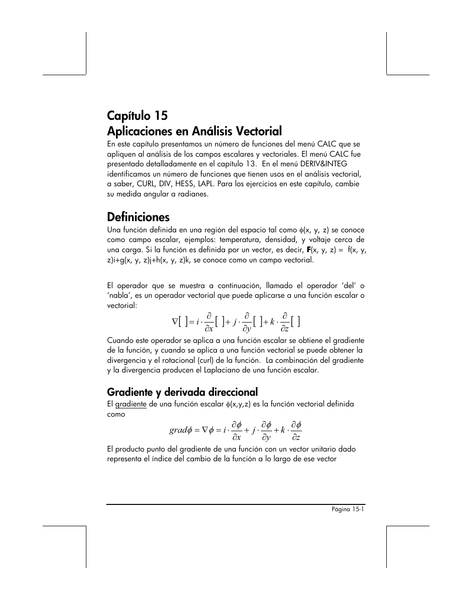 Capitulo 15 aplicaciones en analisis vectorial, Definiciones, Gradiente y derivada direccional | Capítulo 15 aplicaciones en análisis vectorial | HP 48gII Graphing Calculator User Manual | Page 488 / 892