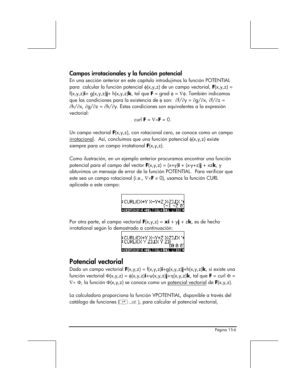 Campos irrotacionales y la funcion potencial, Potencial vectorial | HP 48gII Graphing Calculator User Manual | Page 493 / 892