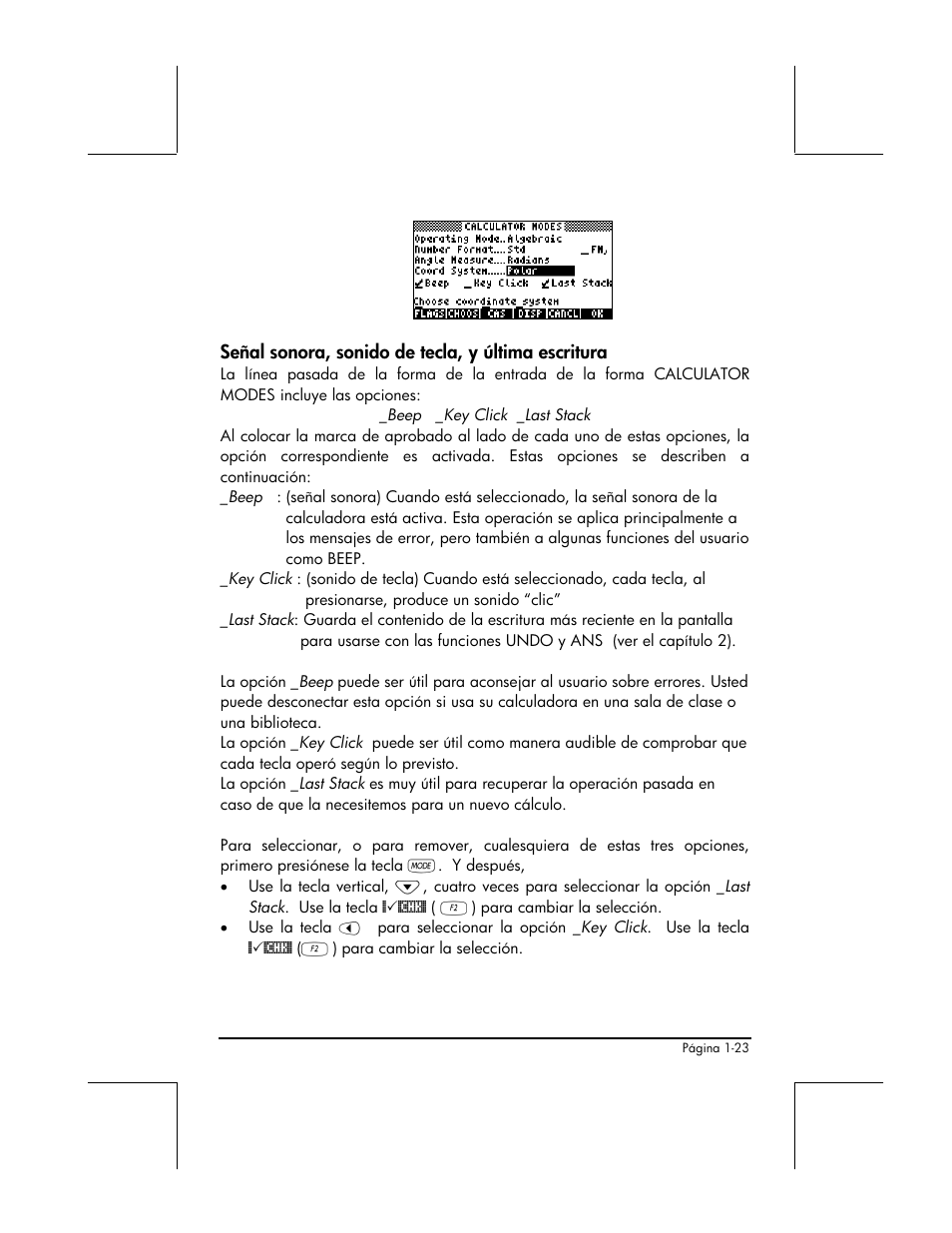 Senal sonora, sonido de tecla, y ultima escritura | HP 48gII Graphing Calculator User Manual | Page 52 / 892