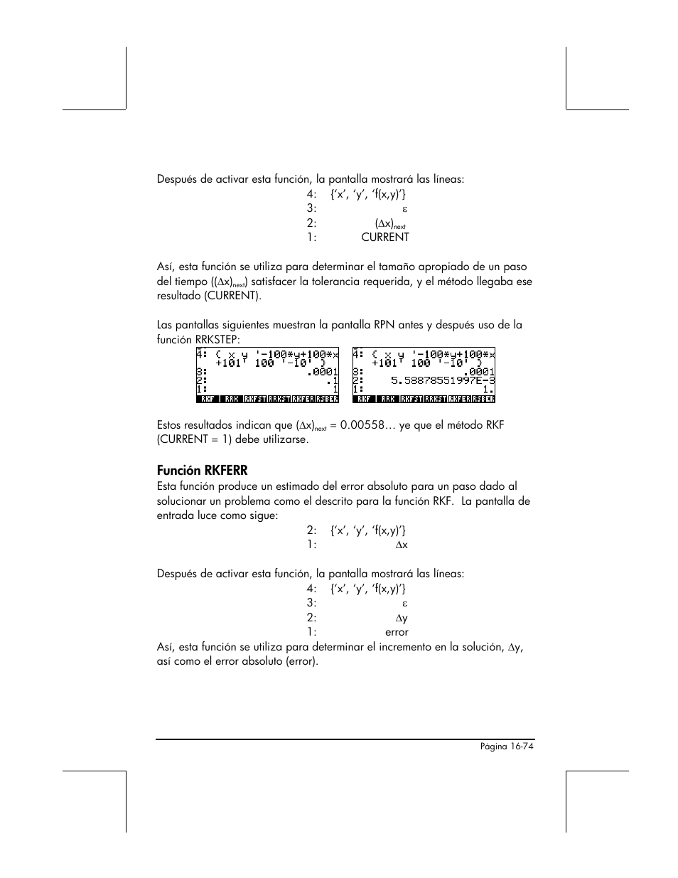 Funcion rkferr, Función rkferr | HP 48gII Graphing Calculator User Manual | Page 569 / 892