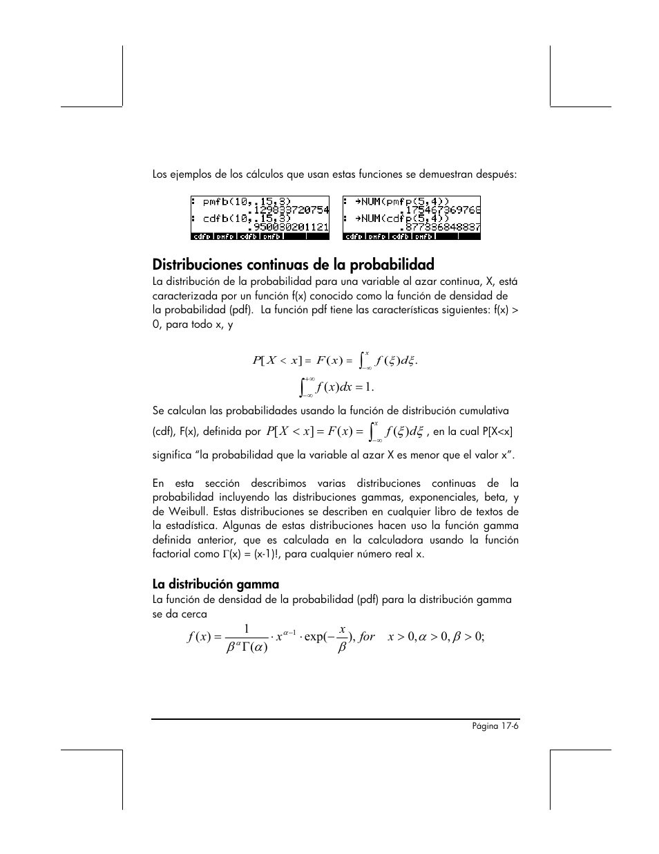 Distribuciones continuas de la probabilidad, La distribucion gamma | HP 48gII Graphing Calculator User Manual | Page 576 / 892