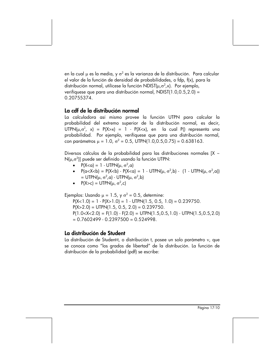 La cdf de la distribucion normal, La distribucion de student, La cdf de la distribución normal | La distribución de student | HP 48gII Graphing Calculator User Manual | Page 580 / 892