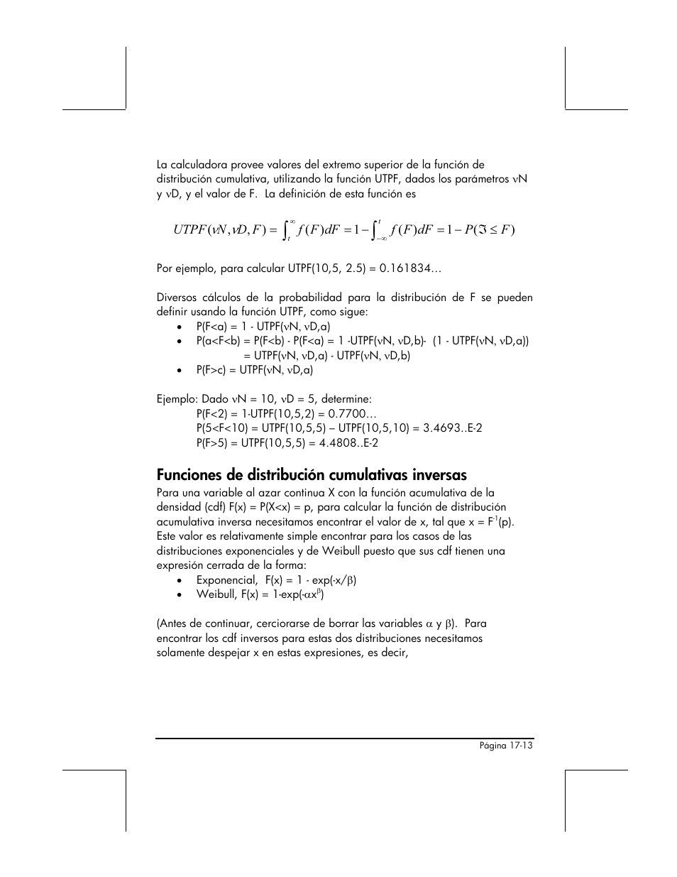 Funciones de distribucion cumulativas inversas, Funciones de distribución cumulativas inversas | HP 48gII Graphing Calculator User Manual | Page 583 / 892