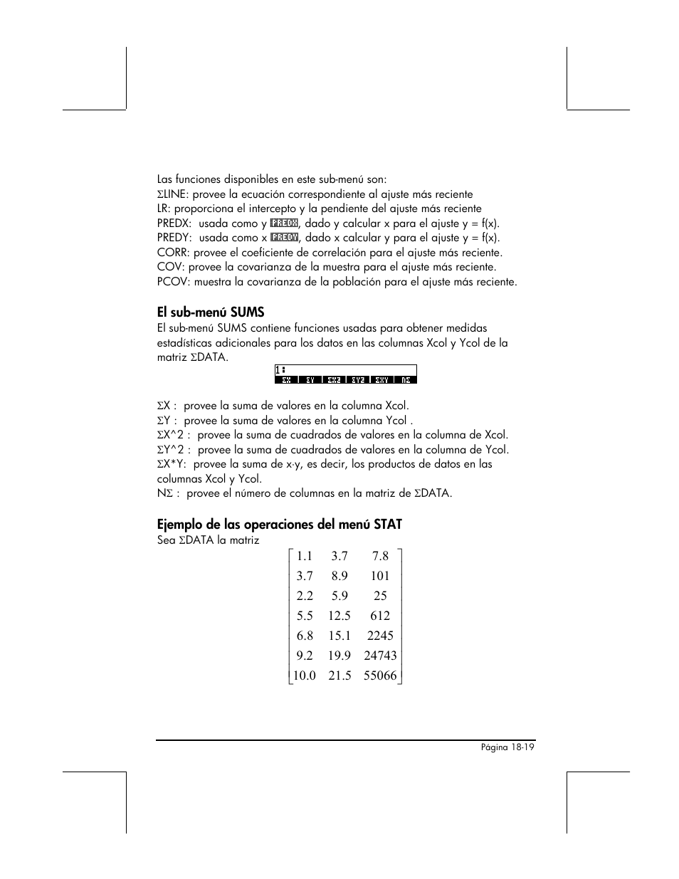 El sub-menu sums, Ejemplo de las operaciones del menu stat | HP 48gII Graphing Calculator User Manual | Page 607 / 892