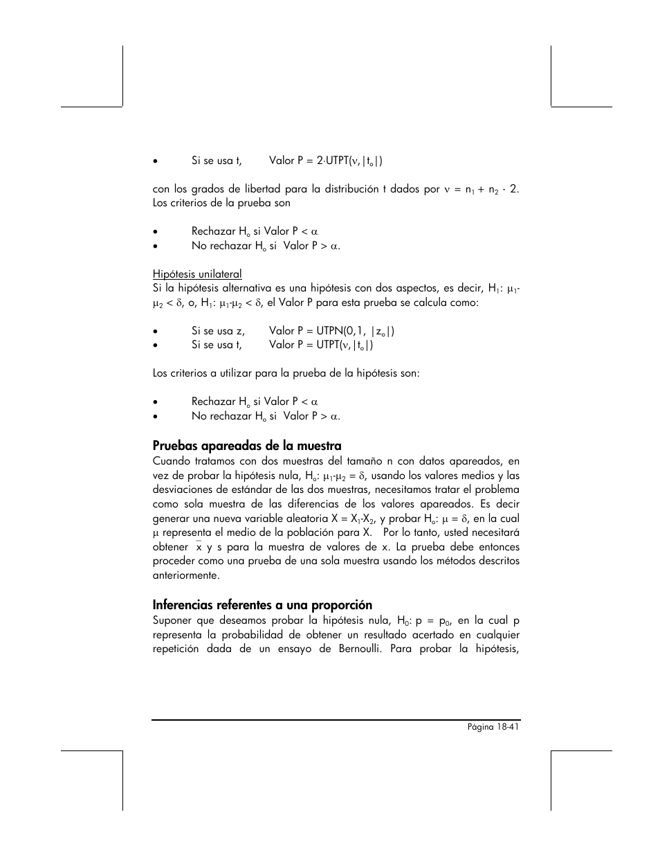 Pruebas apareadas de la muestra, Inferencias referentes a una proporcion, Inferencias referentes a una proporción | HP 48gII Graphing Calculator User Manual | Page 629 / 892