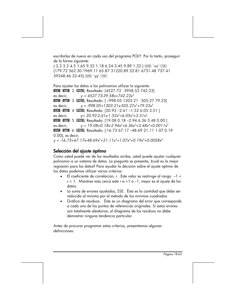 Seleccion del ajuste optimo, Selección del ajuste óptimo | HP 48gII Graphing Calculator User Manual | Page 651 / 892