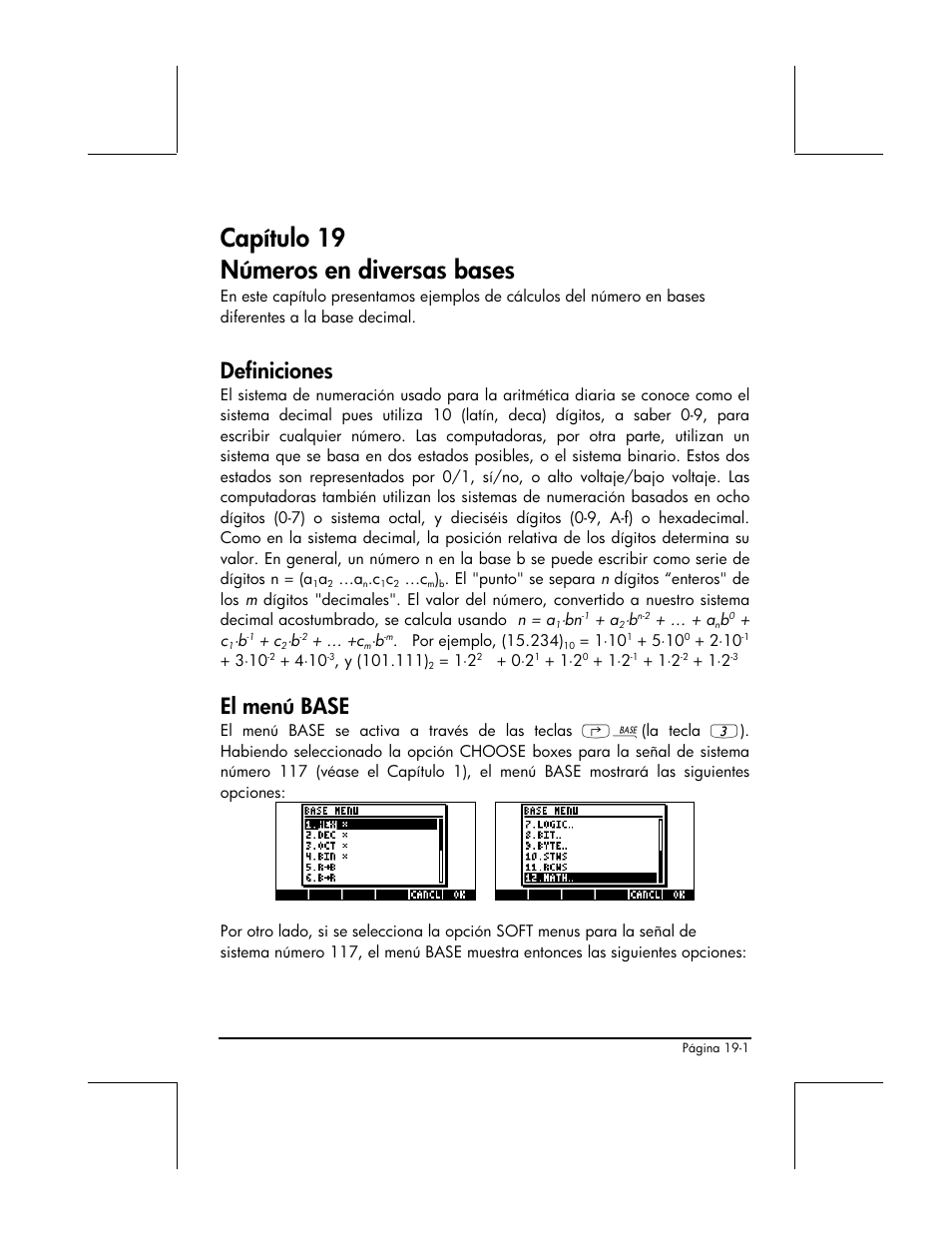 Capitulo 19 numeros en diversas bases, Definiciones, El menu base | Capítulo 19 números en diversas bases, El menú base | HP 48gII Graphing Calculator User Manual | Page 655 / 892