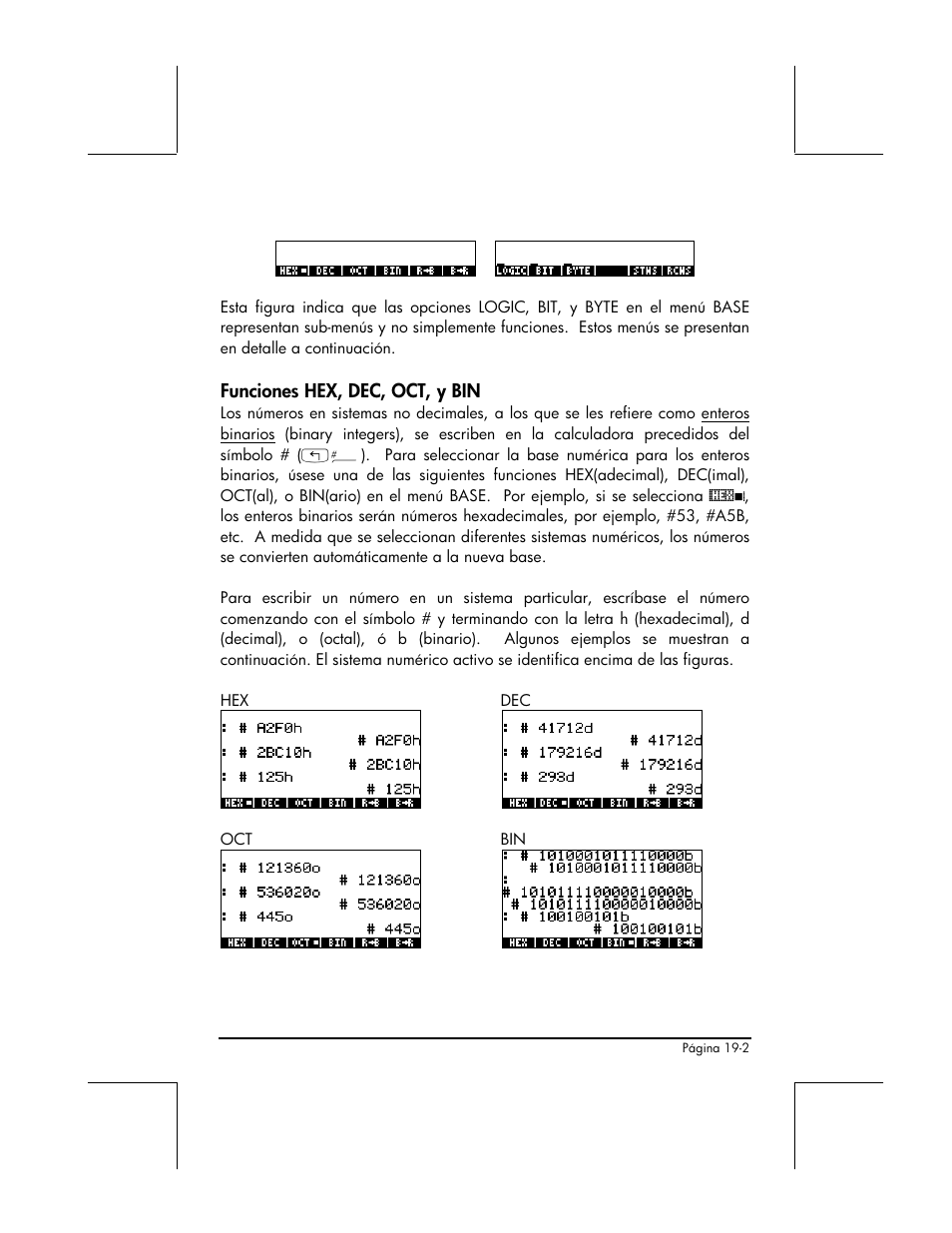 Funciones hex, dec, oct, y bin | HP 48gII Graphing Calculator User Manual | Page 656 / 892