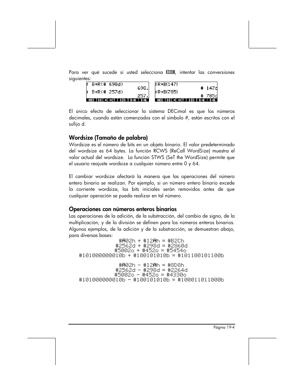 Wordsize (tamano de palabra), Operaciones con numeros enteros binarios | HP 48gII Graphing Calculator User Manual | Page 658 / 892