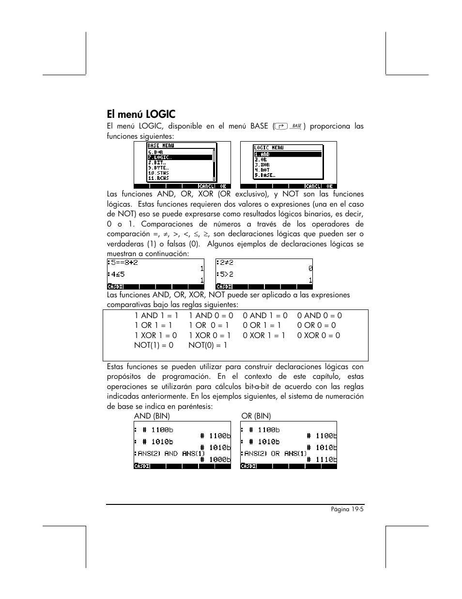 El menu logic, El menú logic | HP 48gII Graphing Calculator User Manual | Page 659 / 892