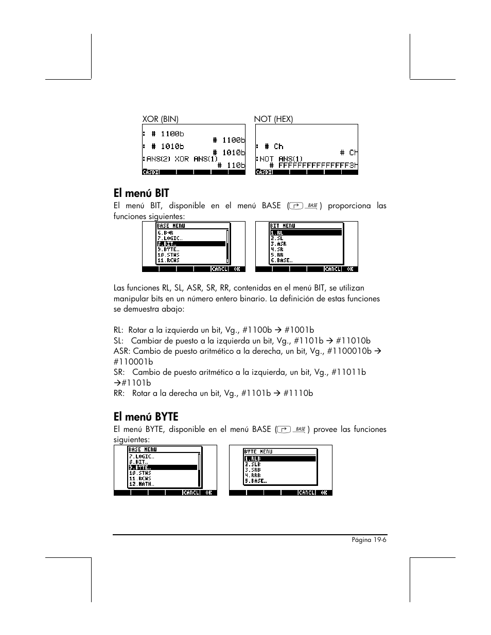 El menu bit, El menu byte, El menú bit | El menú byte | HP 48gII Graphing Calculator User Manual | Page 660 / 892