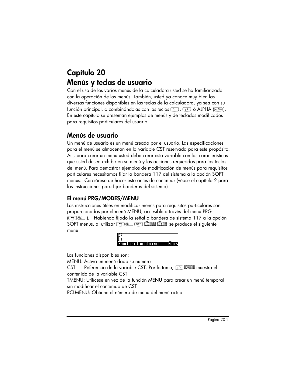 Capitulo 20 menus y teclas de usuario, Menus de usuario, El menu prg/modes/menu | Capítulo 20 menús y teclas de usuario, Menús de usuario | HP 48gII Graphing Calculator User Manual | Page 662 / 892