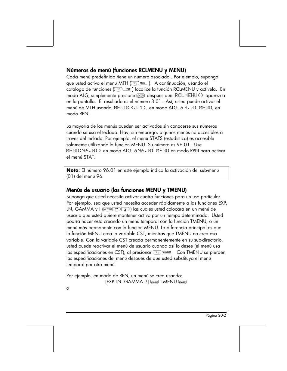 Numeros de menu (funciones rclmenu y menu), Menus de usuario (las funciones menu y tmenu) | HP 48gII Graphing Calculator User Manual | Page 663 / 892