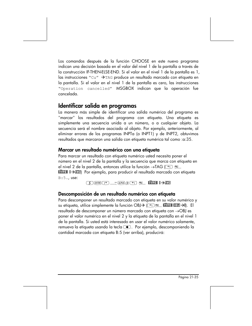 Identificar salida en programas, Marcar un resultado numerico con una etiqueta | HP 48gII Graphing Calculator User Manual | Page 704 / 892