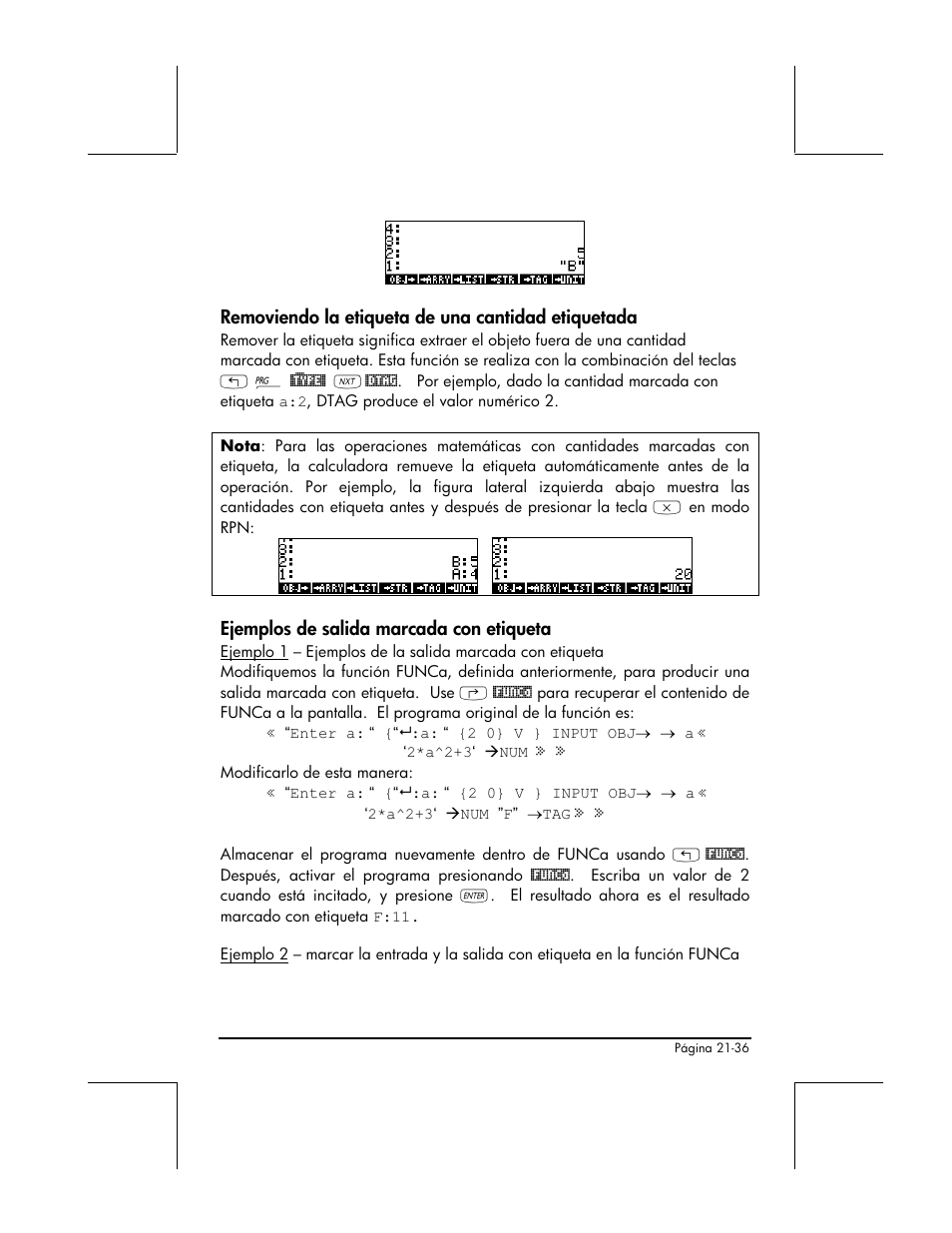 Removiendo la etiqueta de una cantidad etiquetada, Ejemplos de salida marcada con etiqueta | HP 48gII Graphing Calculator User Manual | Page 705 / 892