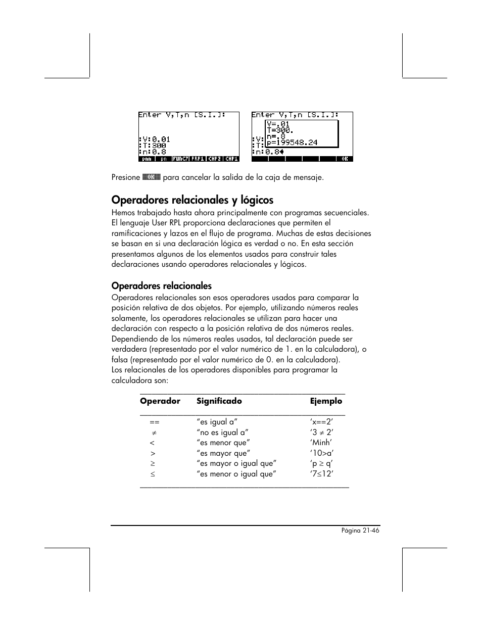 Operadores relacionales y logicos, Operadores relacionales, Operadores relacionales y lógicos | HP 48gII Graphing Calculator User Manual | Page 715 / 892