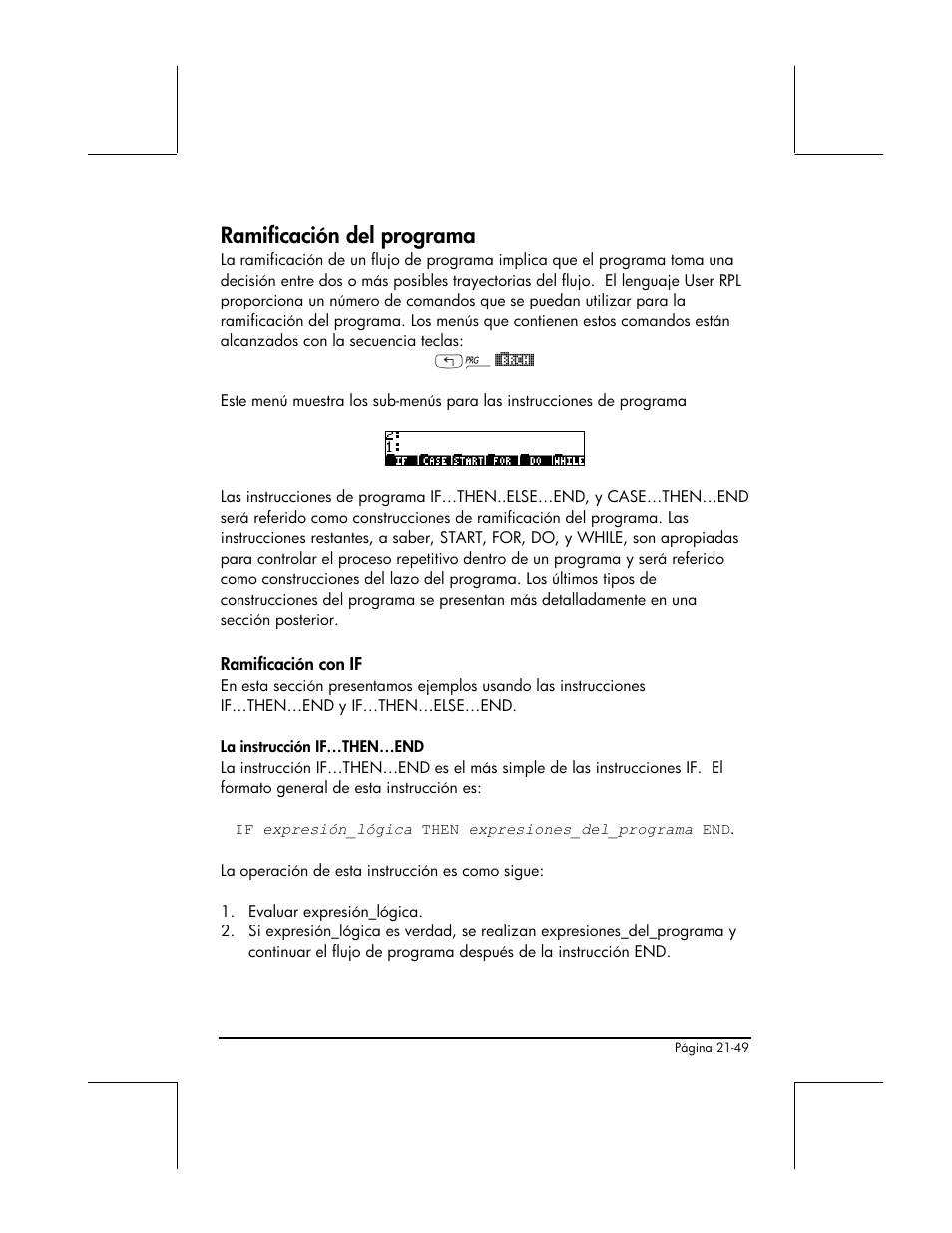 Ramificacion del programa, Ramificacion con if, Ramificación del programa | HP 48gII Graphing Calculator User Manual | Page 718 / 892