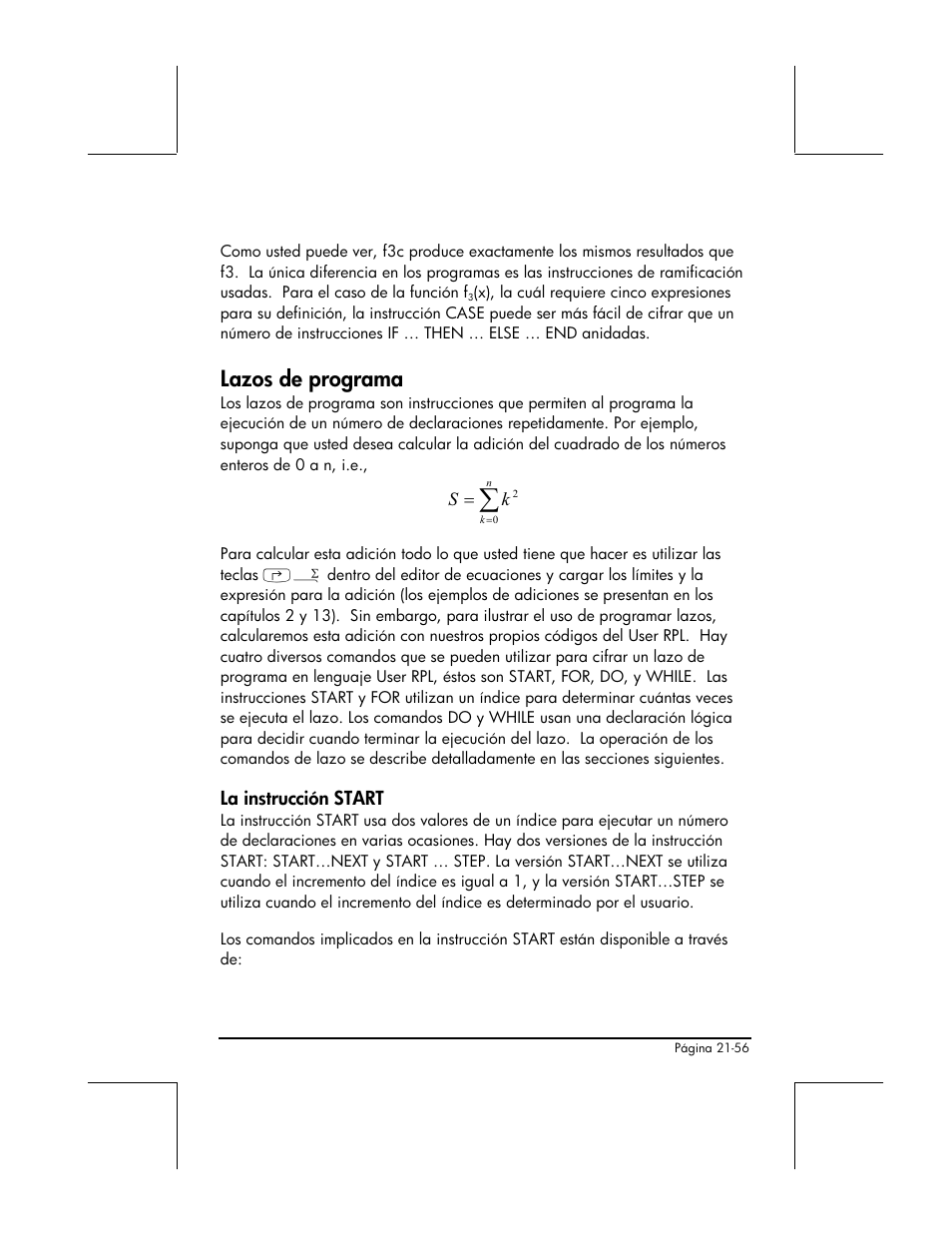 Lazos de programa, La instruccion start, La instrucción start | HP 48gII Graphing Calculator User Manual | Page 725 / 892