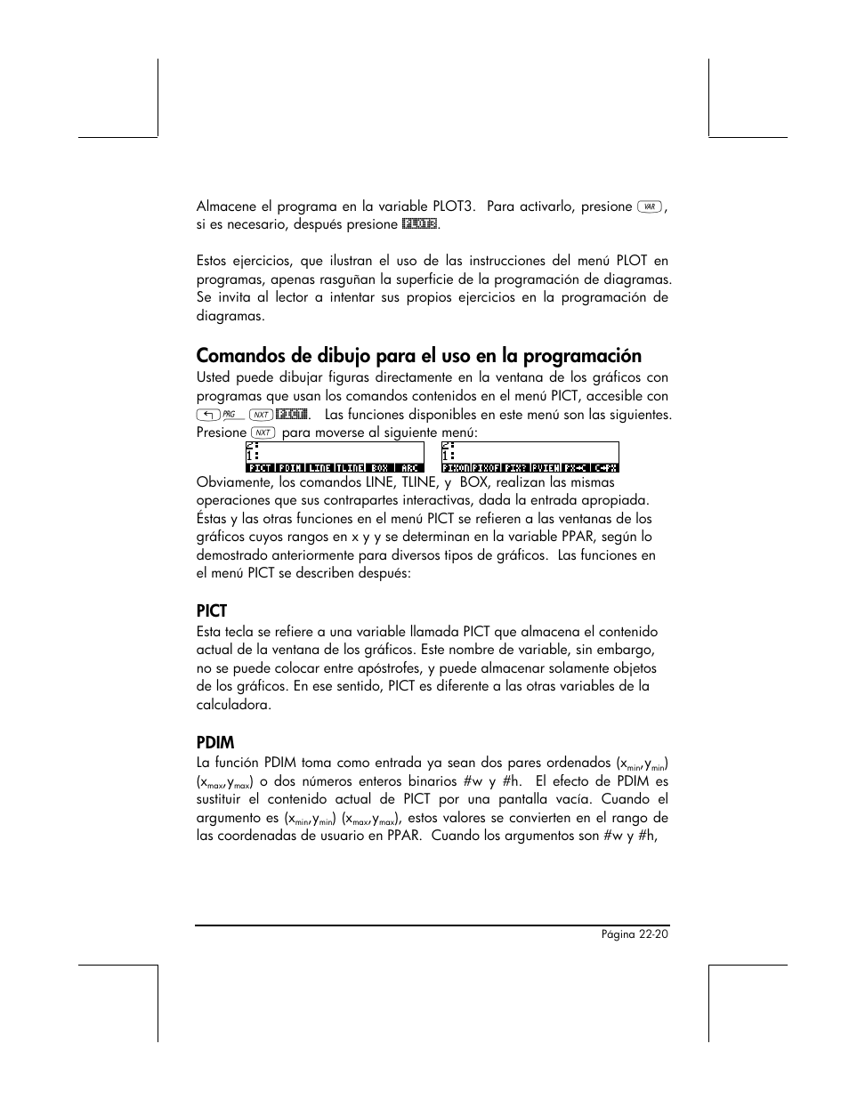 Comandos de dibujo para el uso en la programacion, Pict, Pdim | Comandos de dibujo para el uso en la programación | HP 48gII Graphing Calculator User Manual | Page 760 / 892