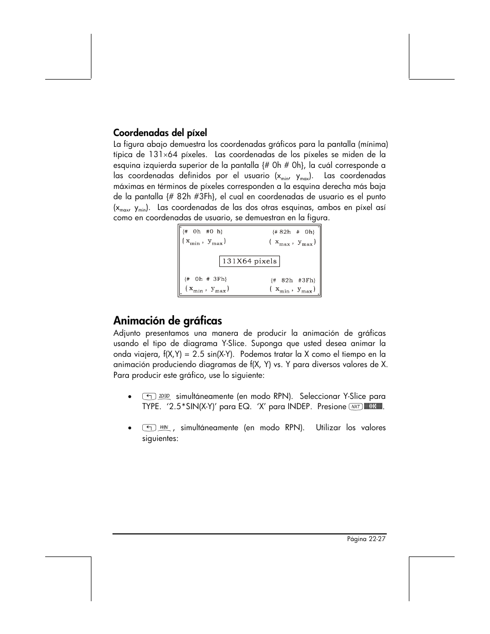 Coordenadas del pixel, Animacion de graficas, Animación de gráficas | Coordenadas del píxel | HP 48gII Graphing Calculator User Manual | Page 767 / 892