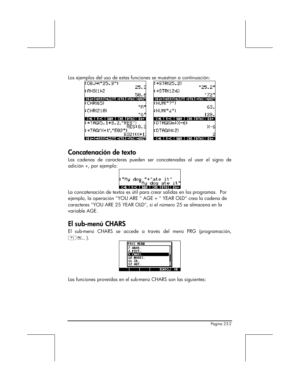 Concatenacion de texto, El sub-menu chars, Concatenación de texto | El sub-menú chars | HP 48gII Graphing Calculator User Manual | Page 785 / 892