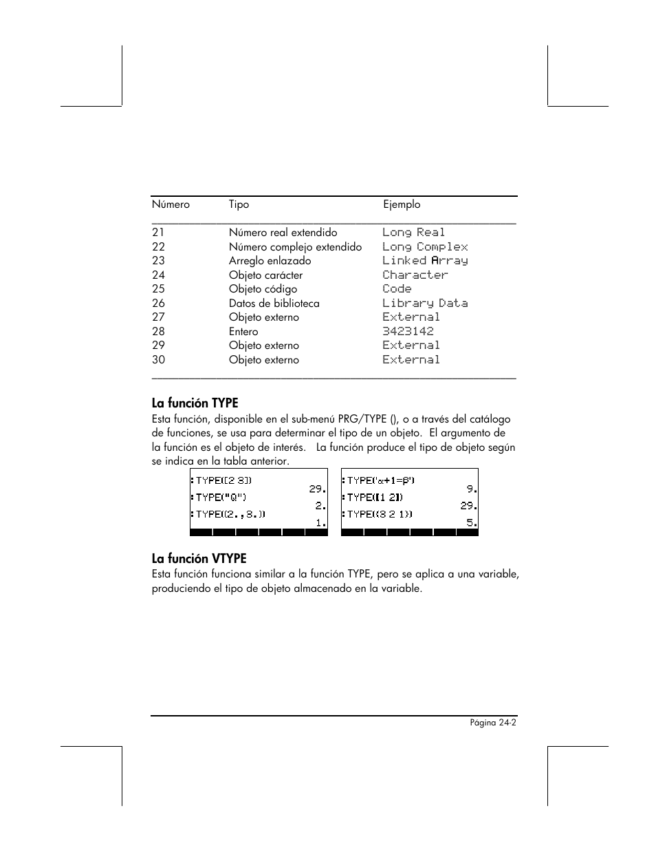 La funcion type, La funcion vtype | HP 48gII Graphing Calculator User Manual | Page 789 / 892