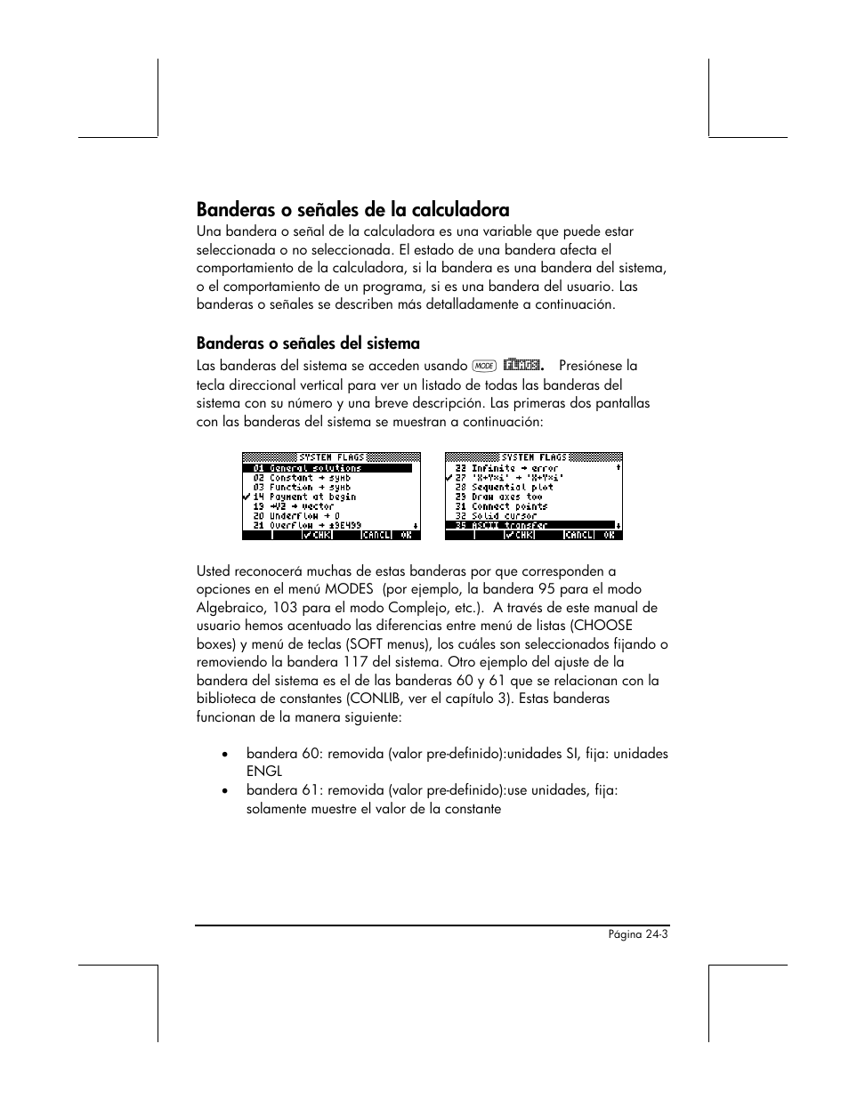 Banderas o senales de la calculadora, Banderas o senales del sistema, Banderas o señales de la calculadora | HP 48gII Graphing Calculator User Manual | Page 790 / 892