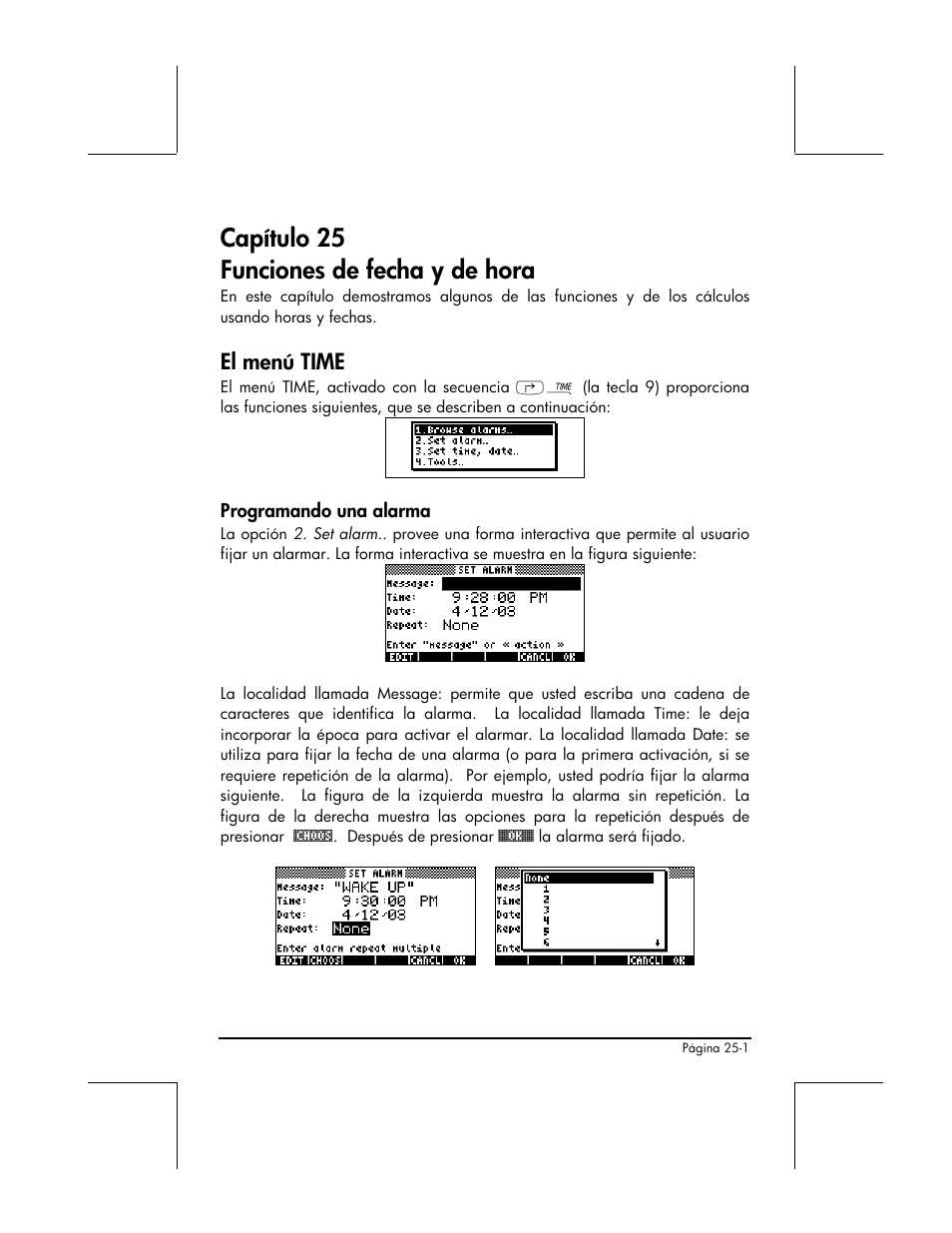 Capitulo 25 funciones de fecha y de hora, El menu time, Programando una alarma | Capítulo 25 funciones de fecha y de hora, El menú time | HP 48gII Graphing Calculator User Manual | Page 793 / 892