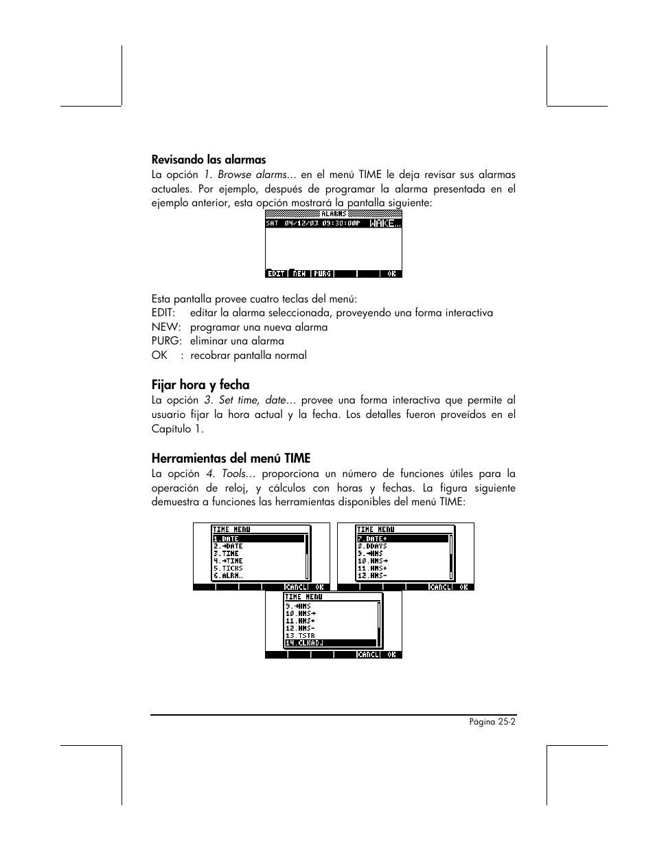 Revisando las alarmas, Fijar hora y fecha, Herramientas del menu time | HP 48gII Graphing Calculator User Manual | Page 794 / 892